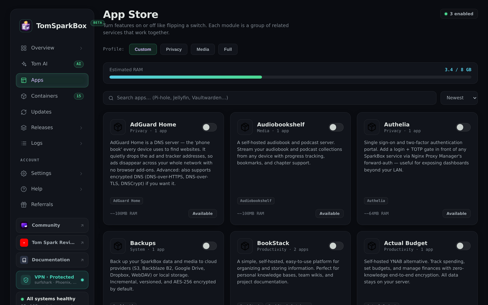 App store — turn any app on or off like a switch, with live RAM estimates and one-click install