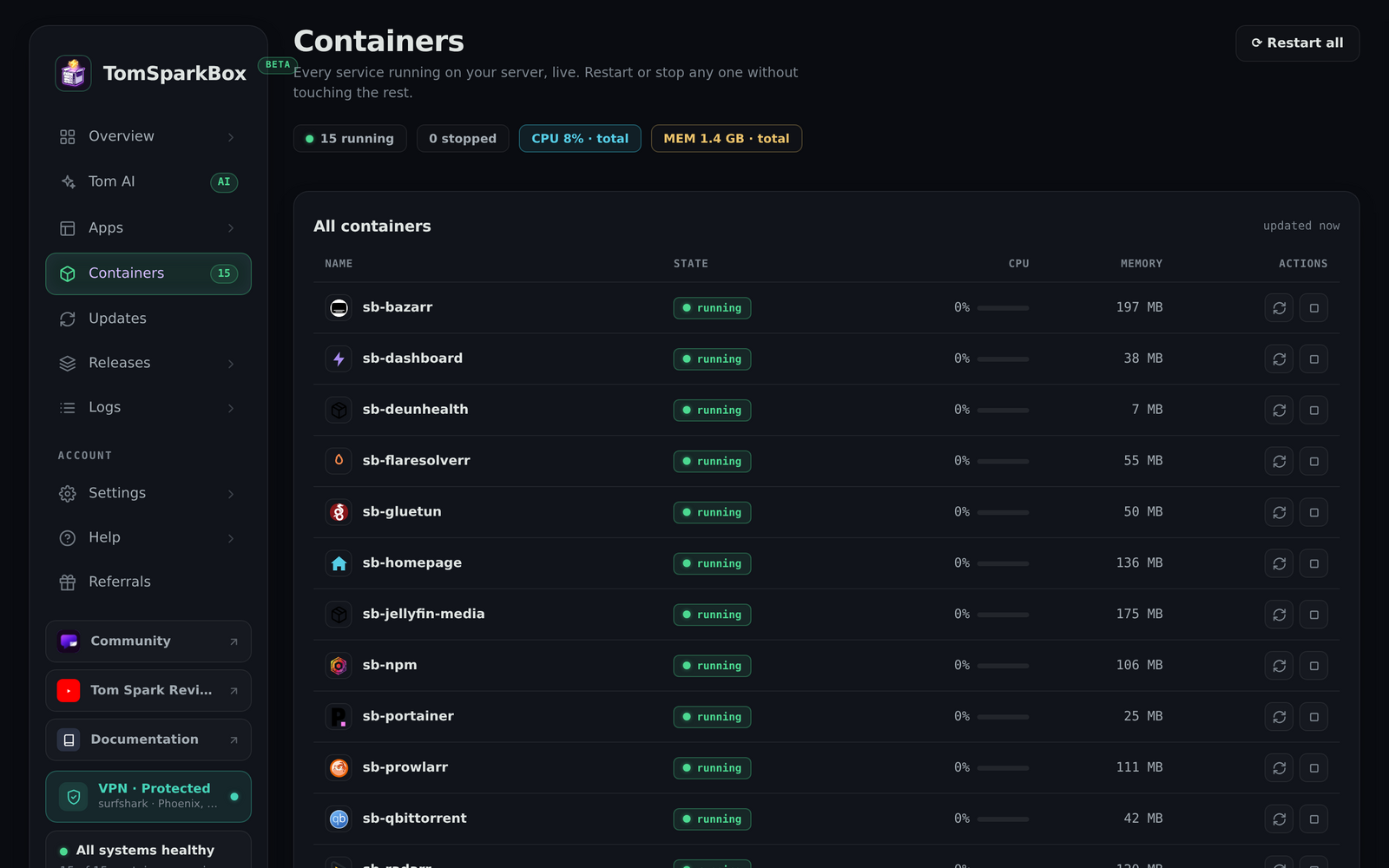 Containers — every running service live with CPU and memory, restart or stop any one with a tap