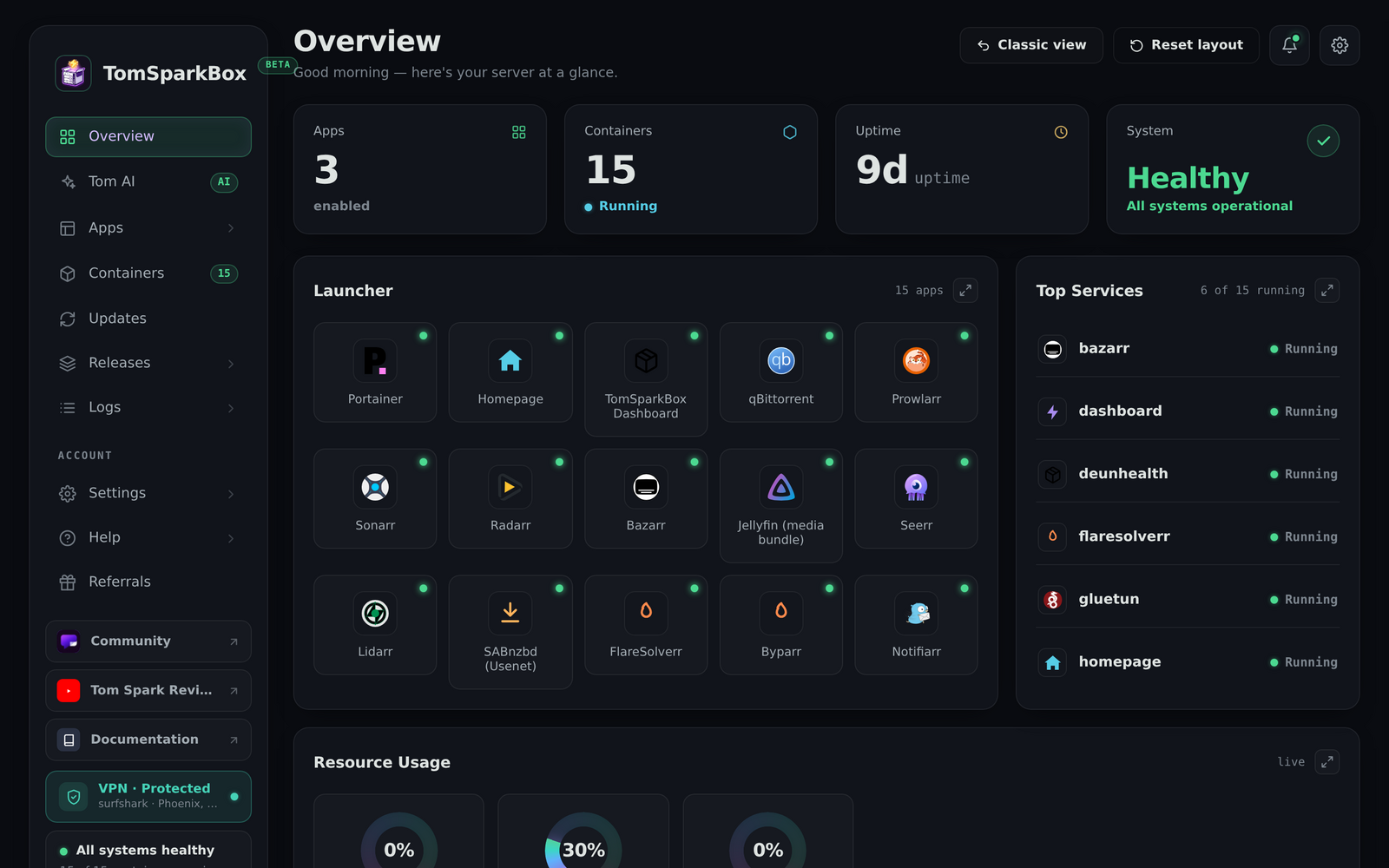 TomSparkBox enhanced dashboard home — app launcher, live system gauges, health banner